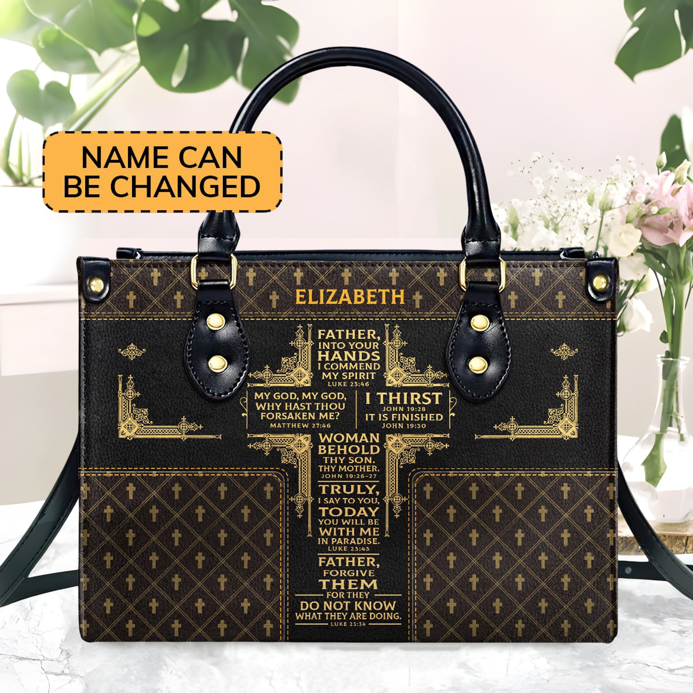 Personalized Christian Leather HandBag, The Seven Last Words of Jesus Cross Handbag, Custom Name Religious Faith Gift for Women BLAF20
